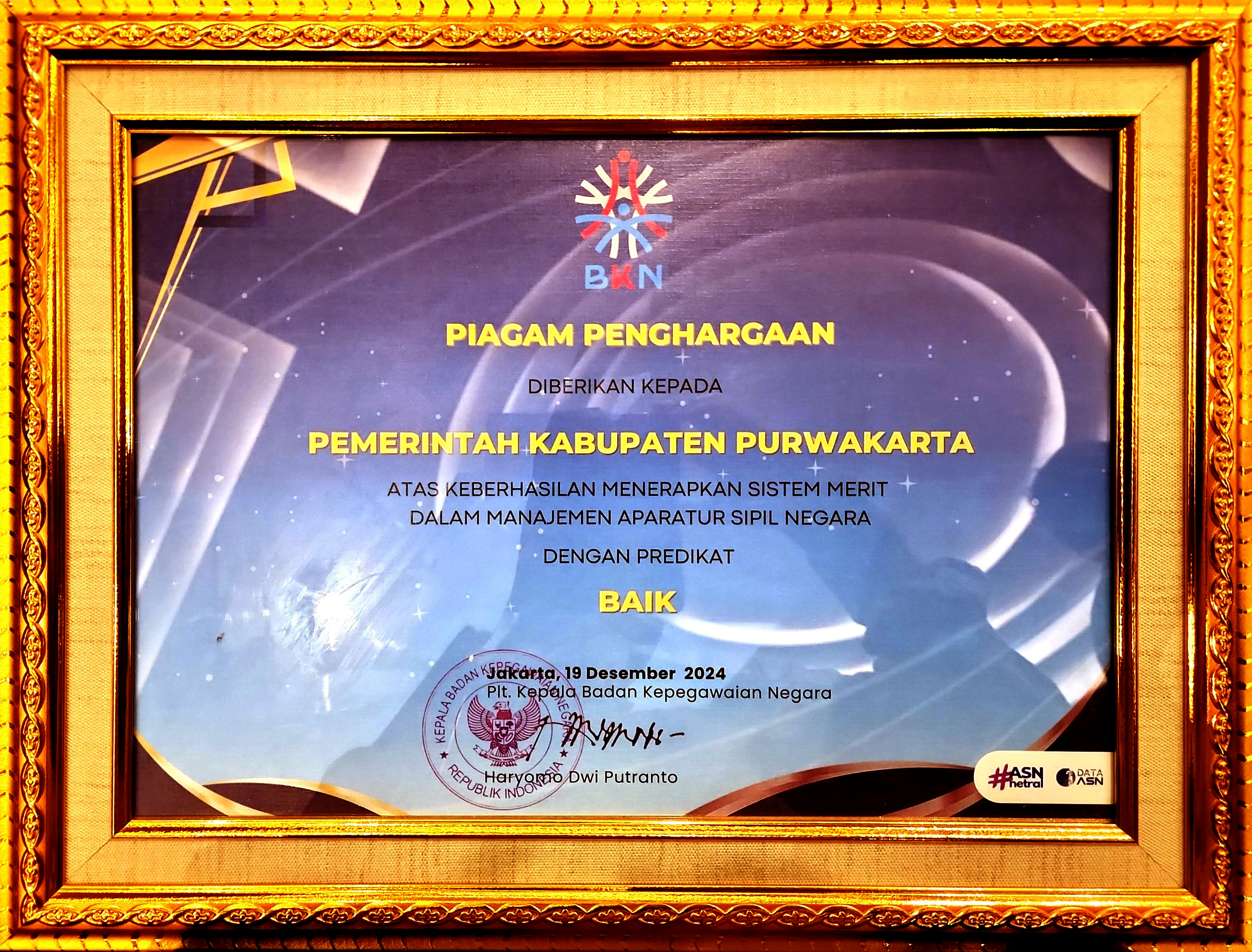 Pemkab Purwakarta Meraih Penghargaan Penerapan Sistem Merit Dengan Predikat Baik Tahun 2024