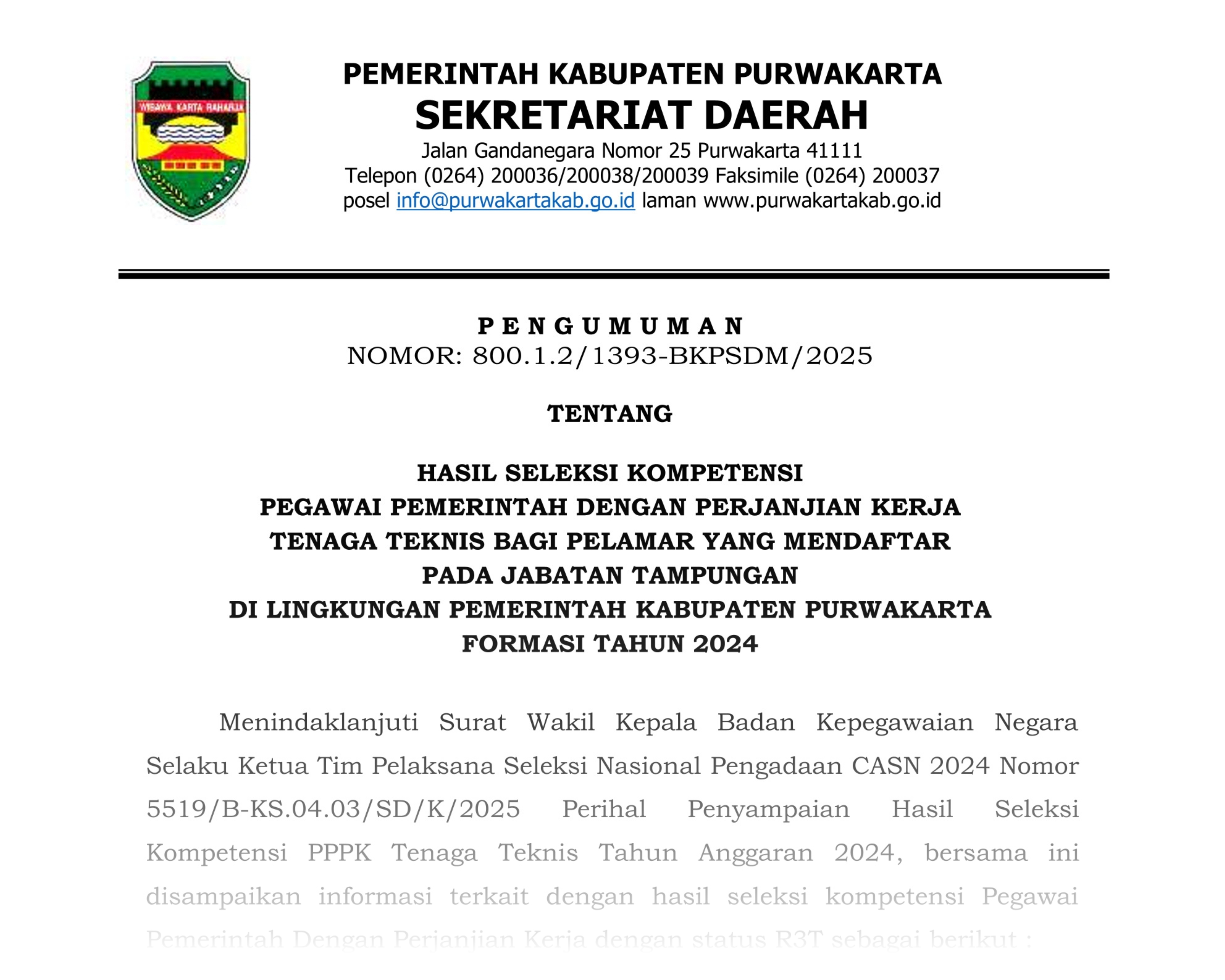 Pengumuman Hasil Selkom P P P K Tenaga Teknis Pelamar Jabatan Tampungan Formasi Tahun 2024