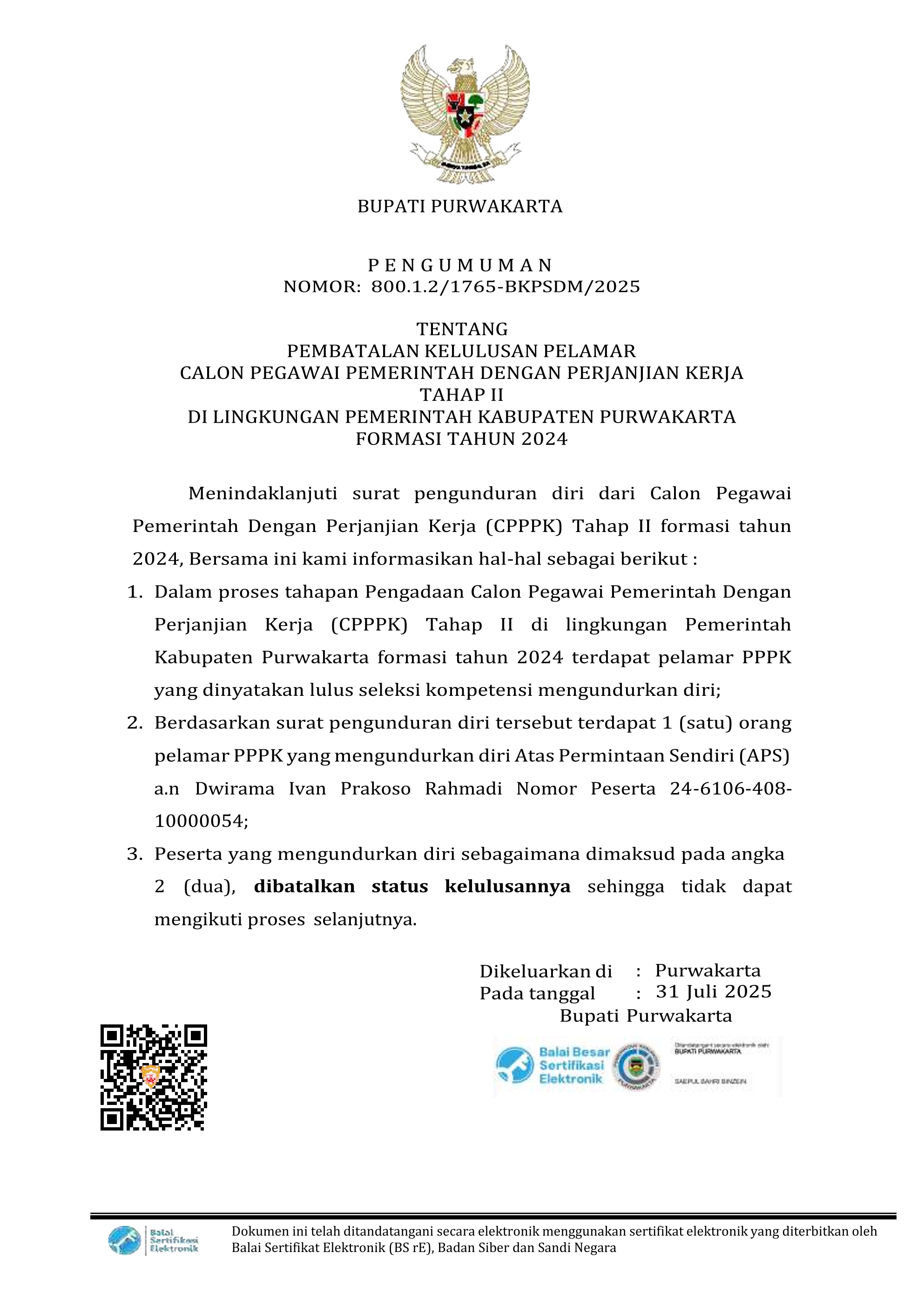 Pembatalan Kelulusan C P P P K Formasi Tahun 2024